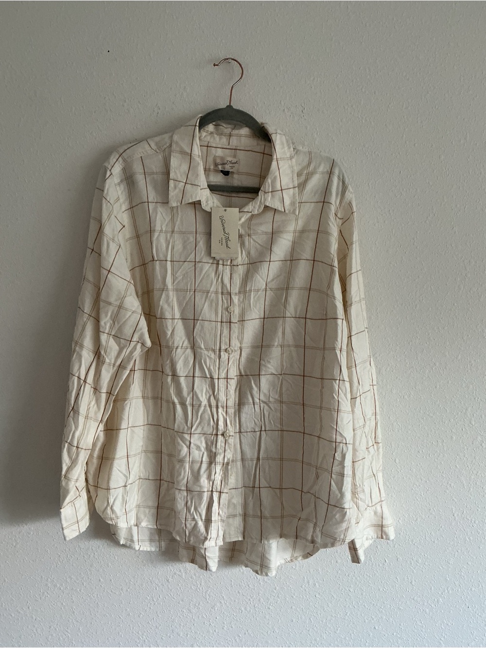 Universal Thread Cream Plaid Button-Down Shirt with Tan Grid